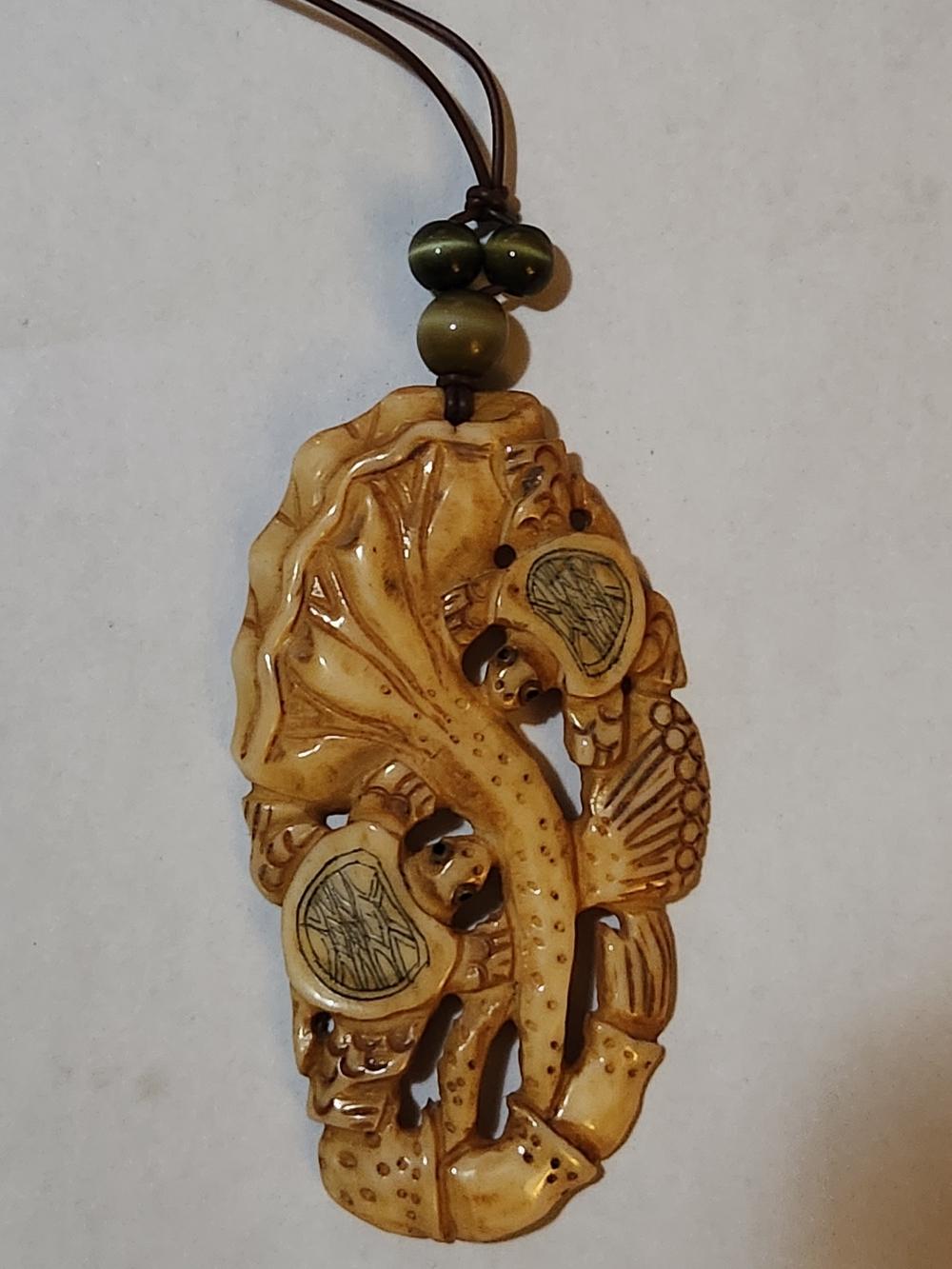 Handcrafted Carved Bone Pendant  With Turtles And Water Lilies